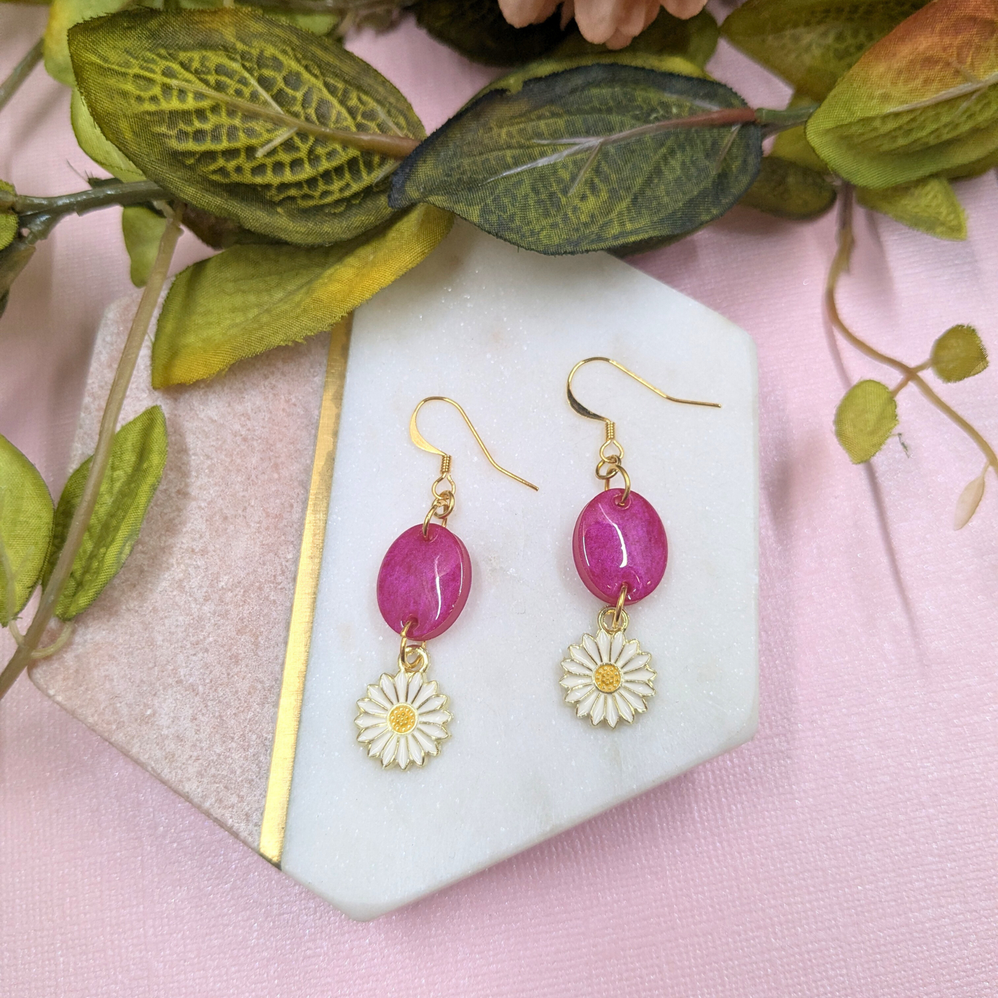 Bold Pink Resin Oval & Daisy Charm Dangle Earrings | Created By Lau