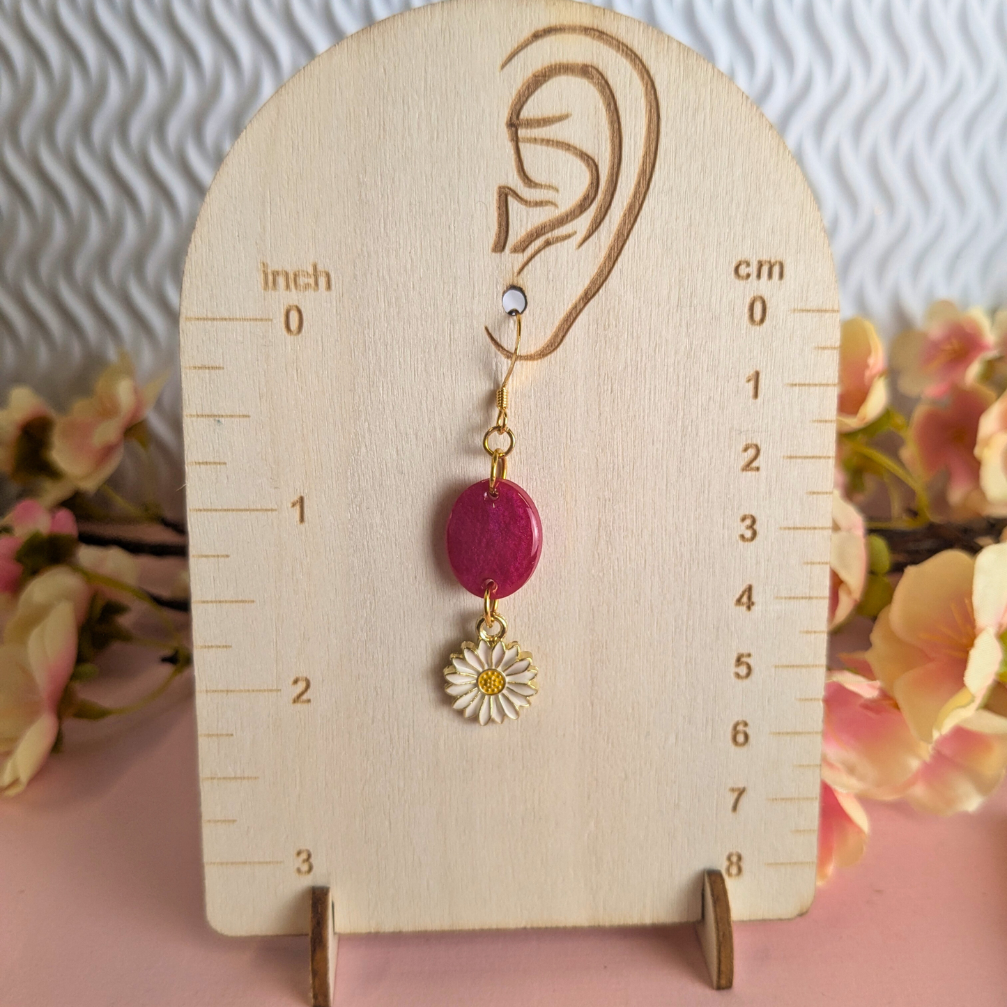 Bold Pink Resin Oval & Daisy Charm Dangle Earrings | Created By Lau
