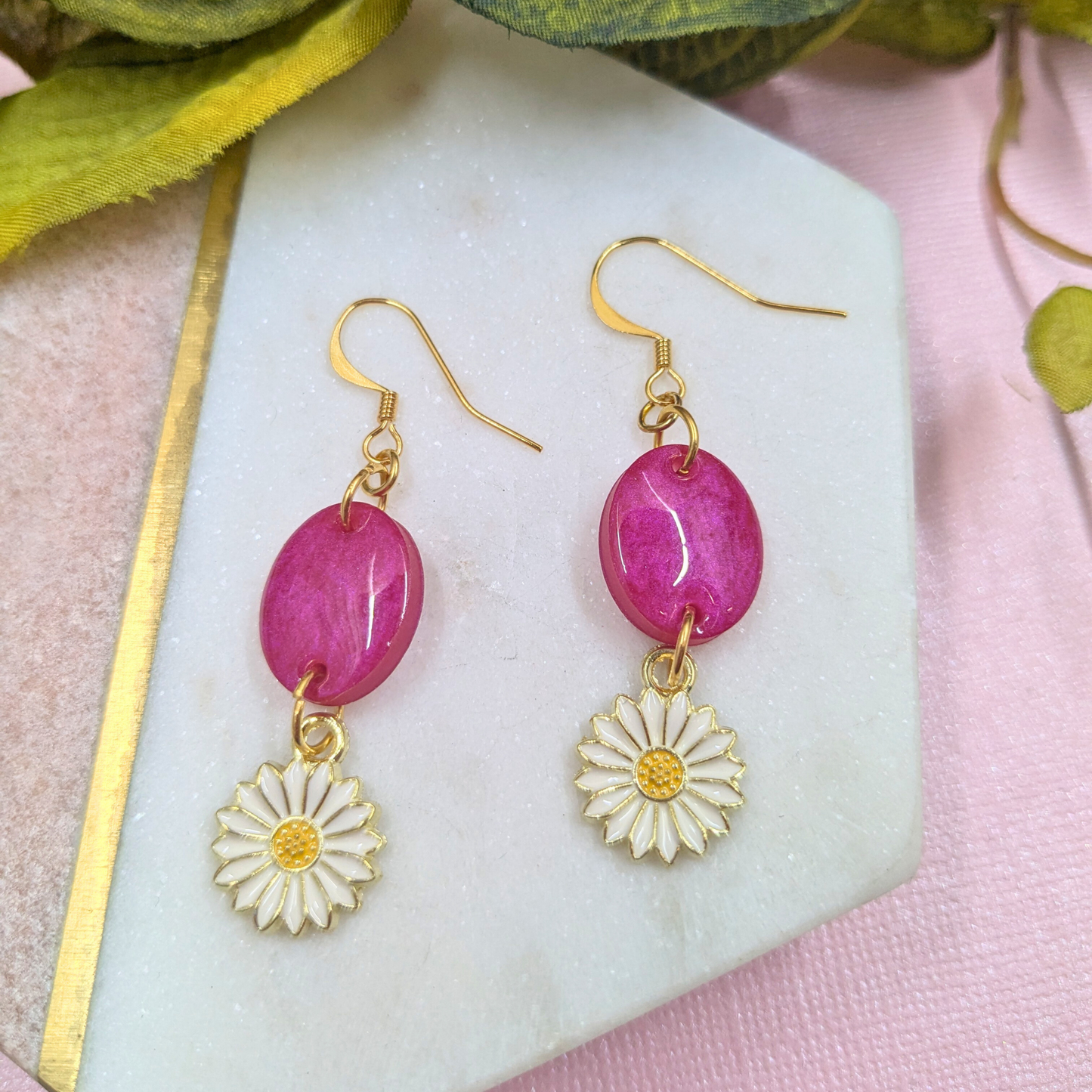Bold Pink Resin Oval & Daisy Charm Dangle Earrings | Created By Lau