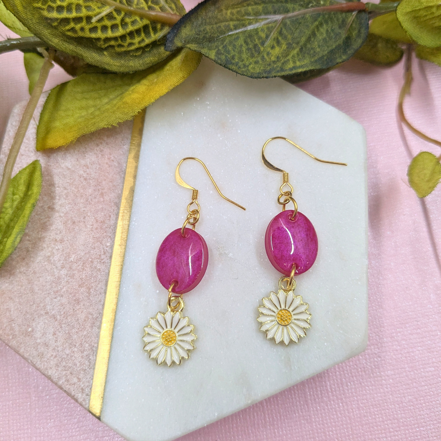 Bold Pink Resin Oval & Daisy Charm Dangle Earrings | Created By Lau