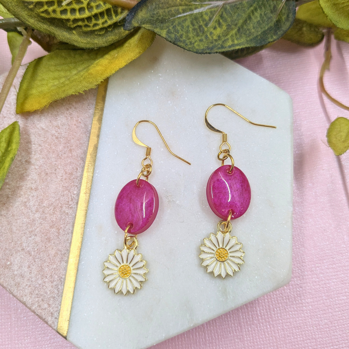 Bold Pink Resin Oval & Daisy Charm Dangle Earrings | Created By Lau