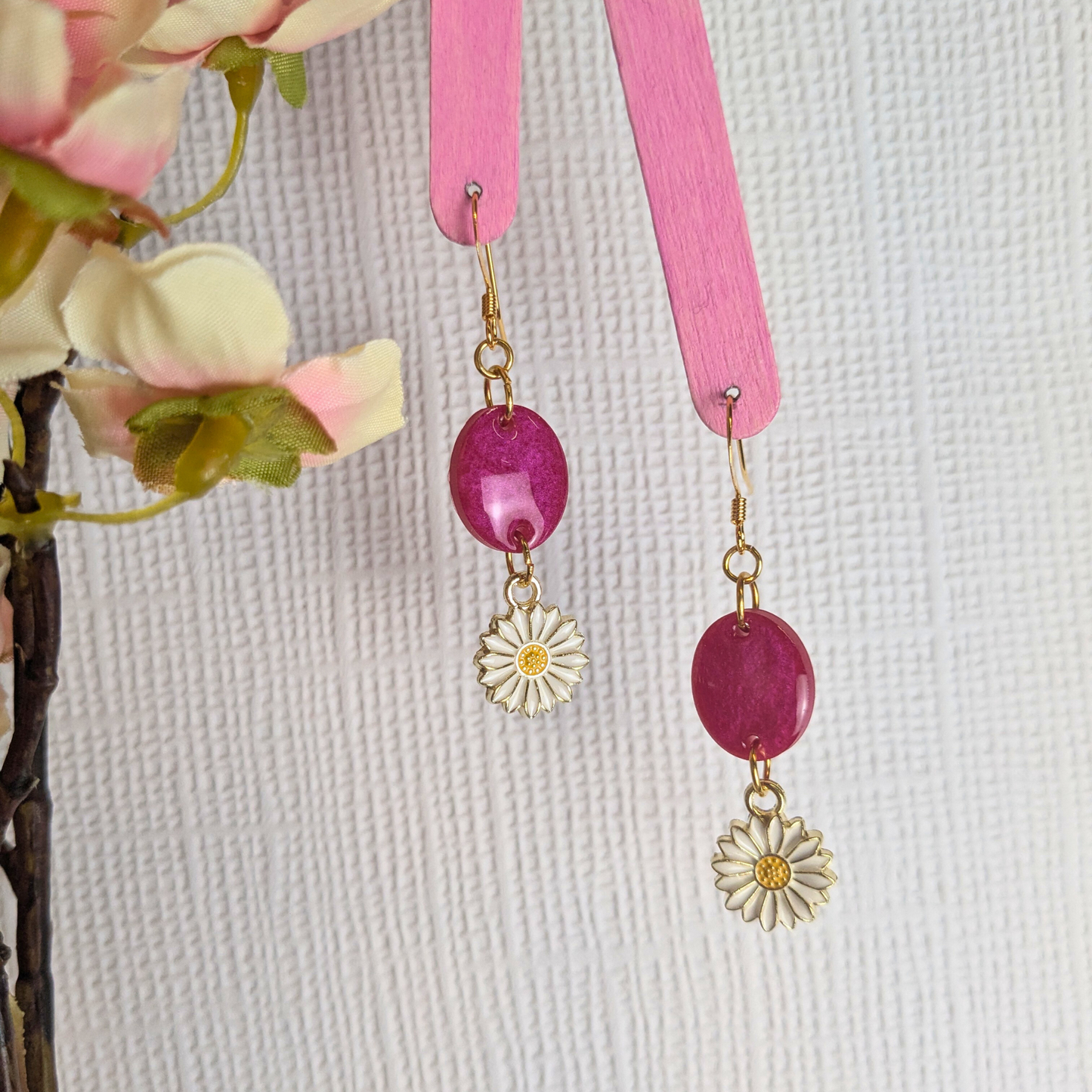 Bold Pink Resin Oval & Daisy Charm Dangle Earrings | Created By Lau
