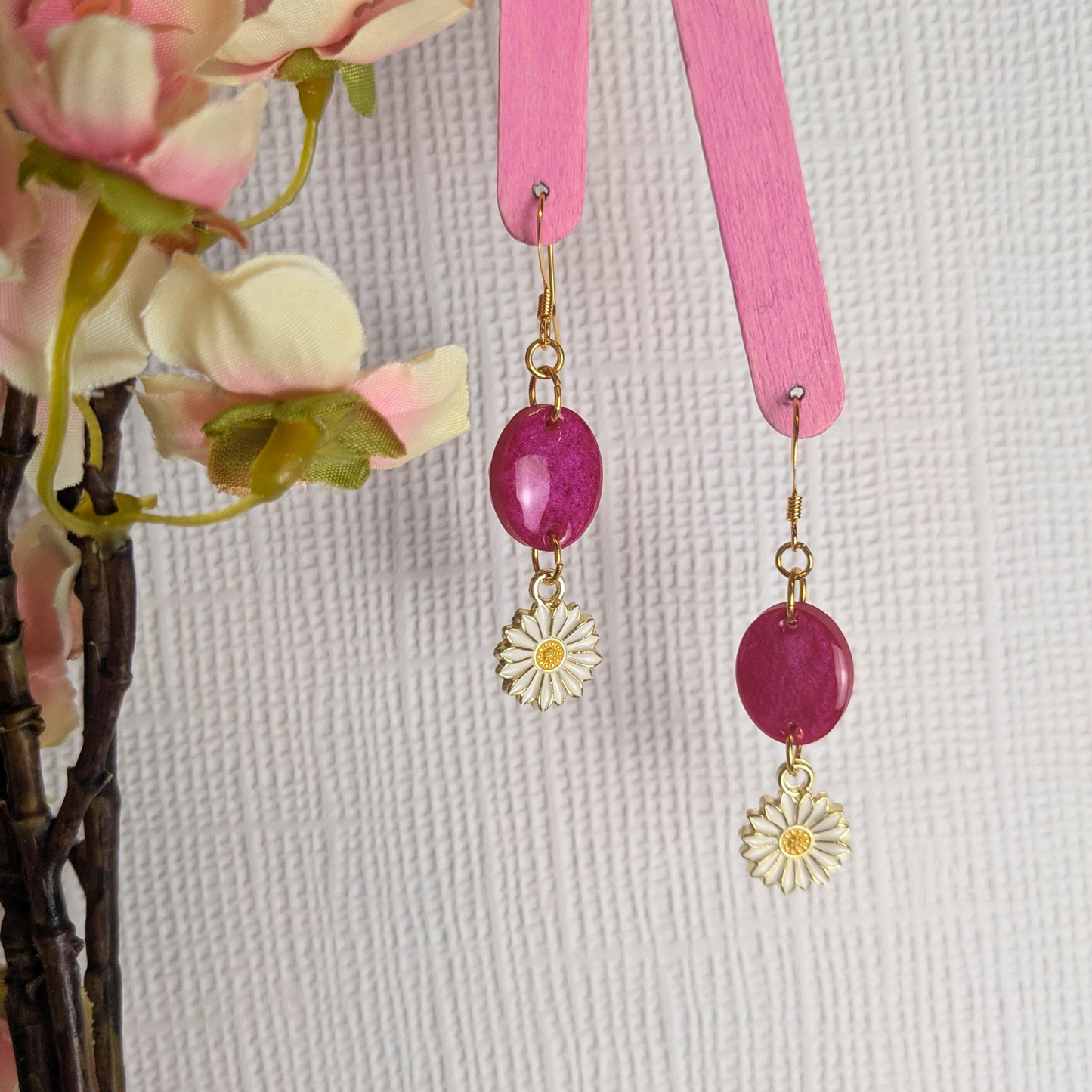 Bold Pink Resin Oval & Daisy Charm Dangle Earrings | Created By Lau