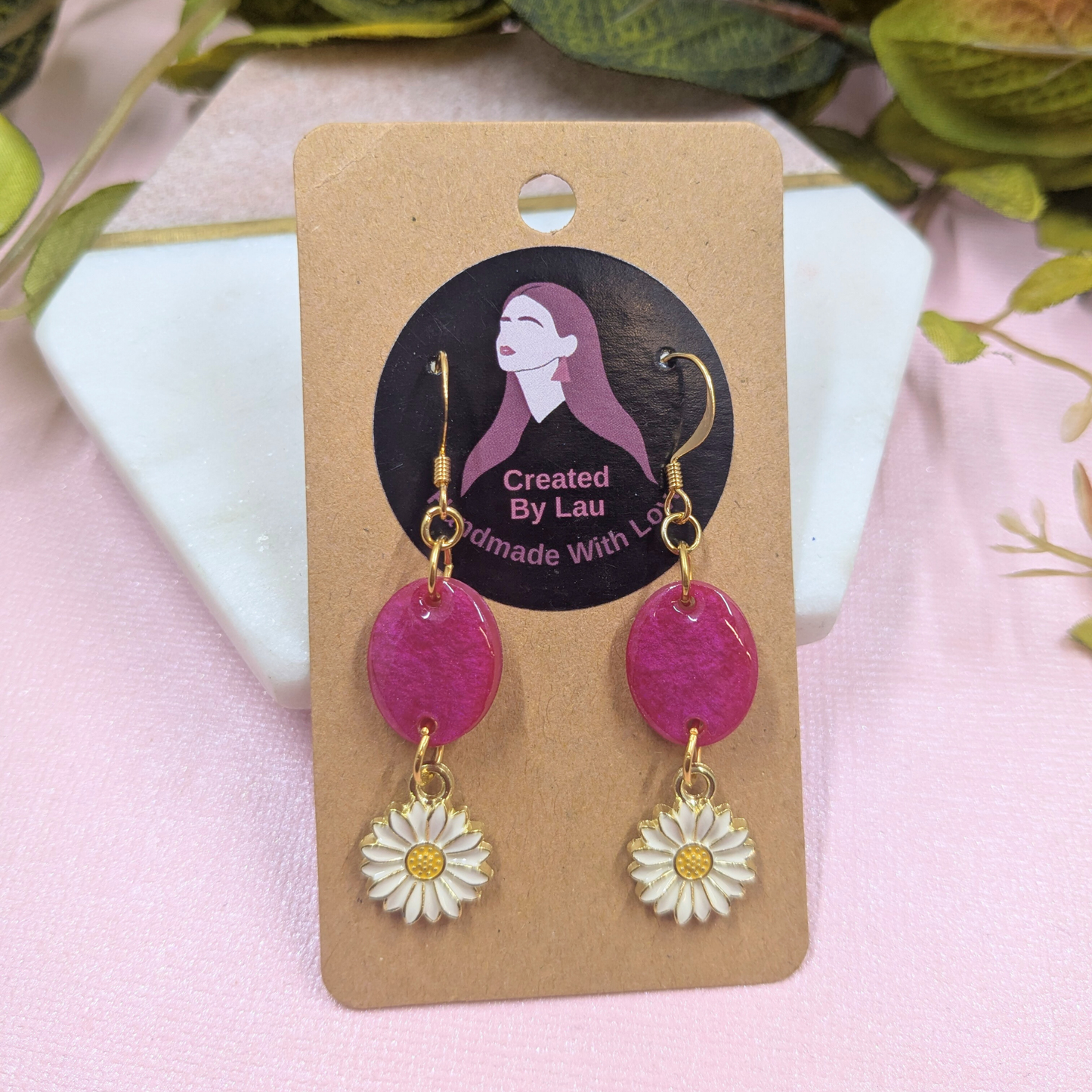Bold Pink Resin Oval & Daisy Charm Dangle Earrings | Created By Lau