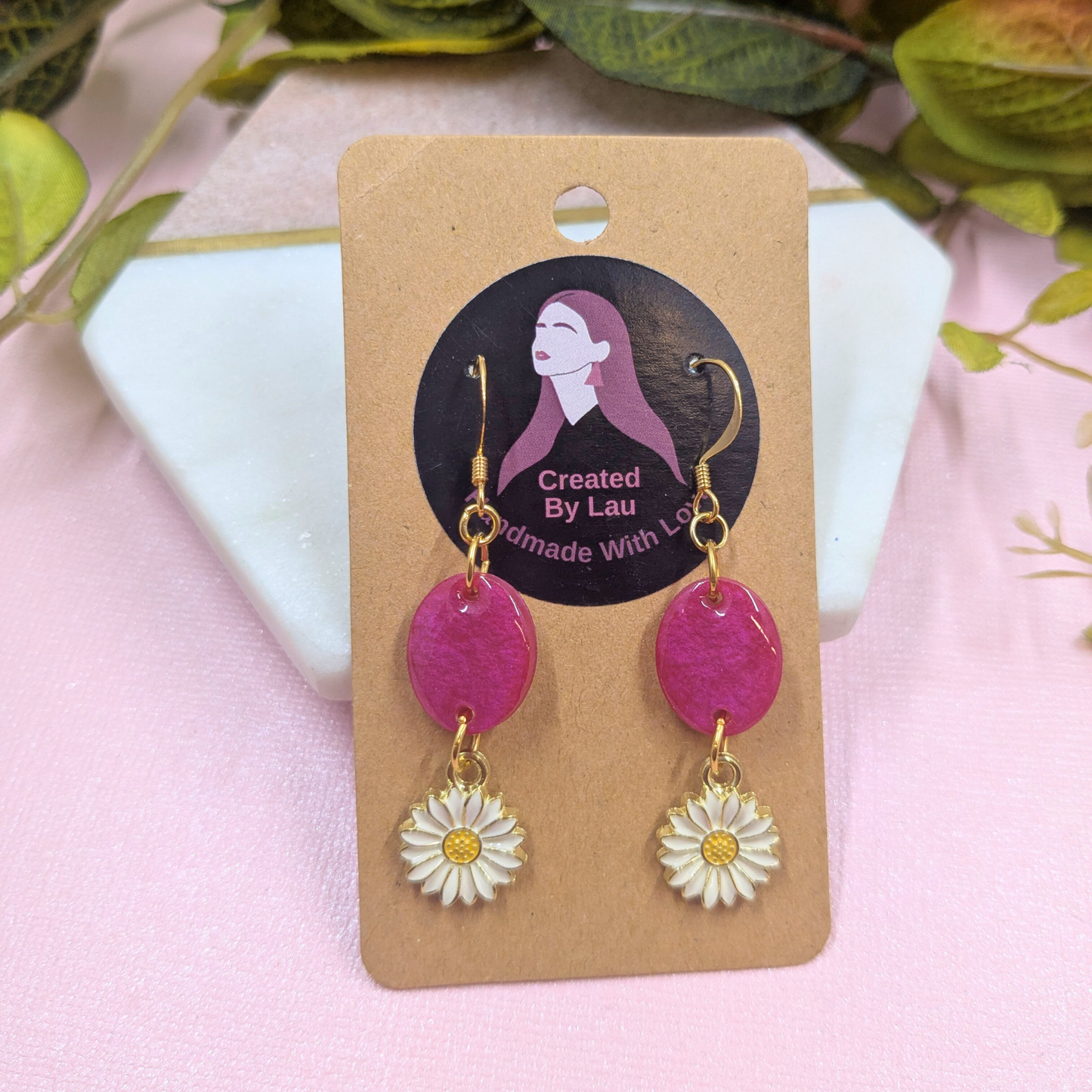 Bold Pink Resin Oval & Daisy Charm Dangle Earrings | Created By Lau