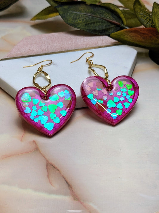 "Carys" Heart Confetti Glitter Heart Earrings with Wavy Oval Charm