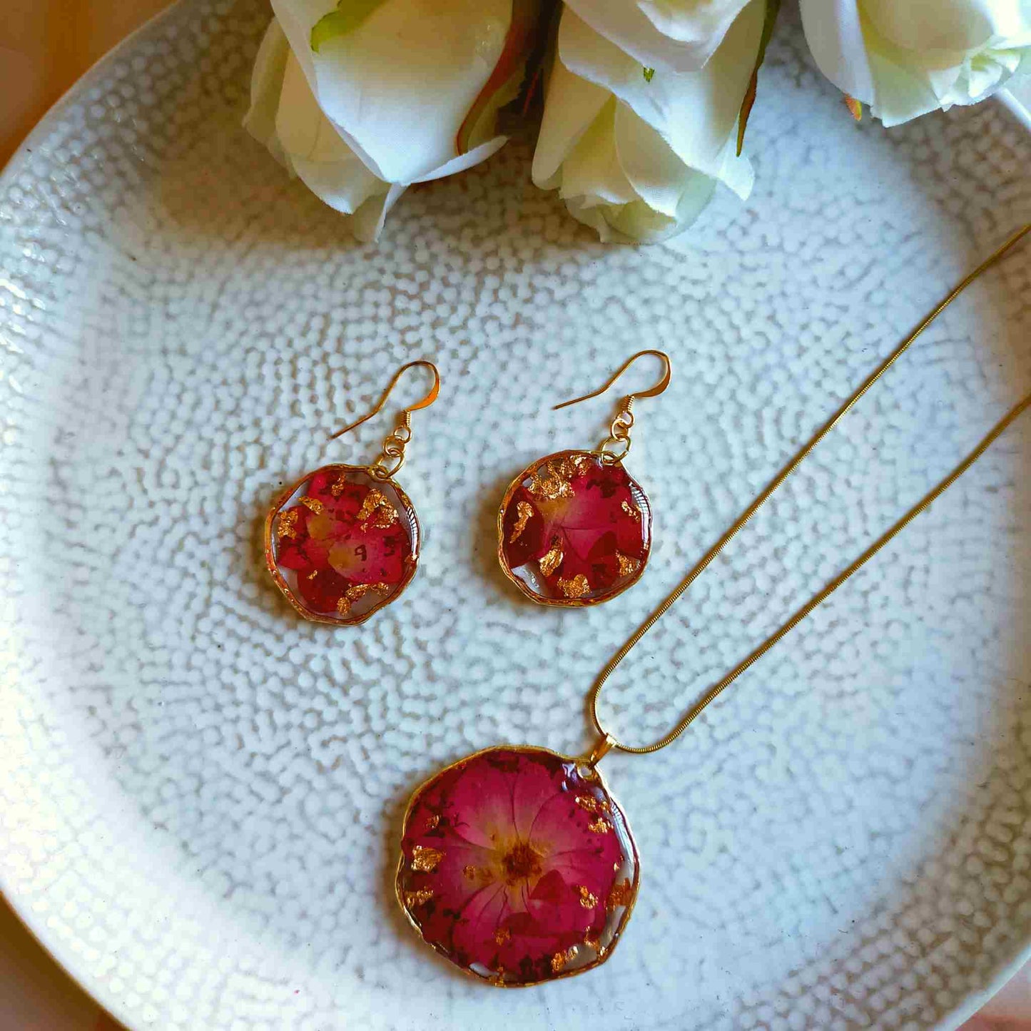 "Cassia" Rose Real Flowers & Gold Leaf Necklace