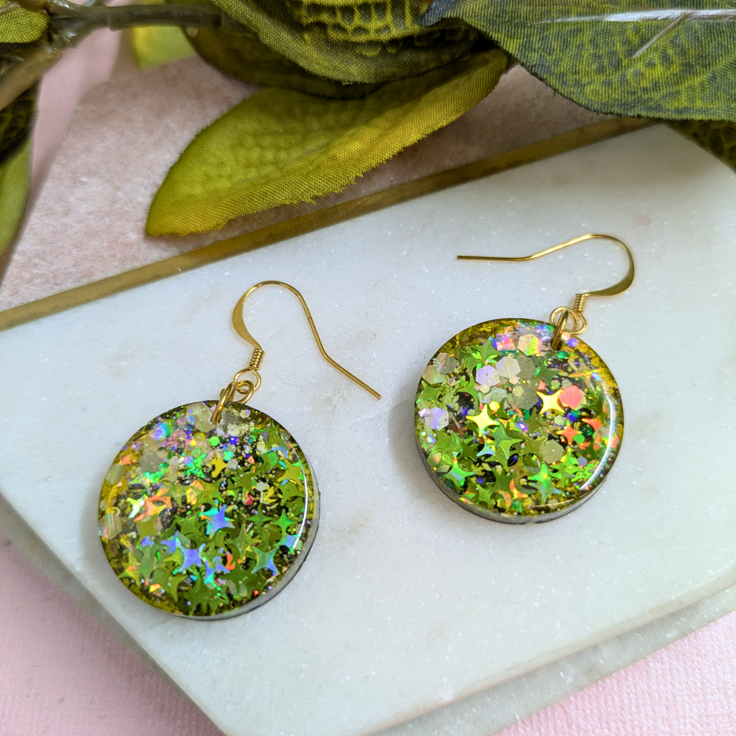 Ceres Circle Mystical Star Glitter Resin Dangle Earrings | Celestial Collection by Created By Lau
