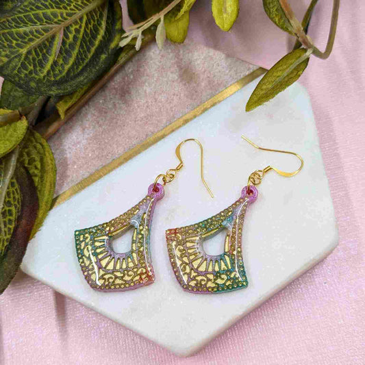 Cleo Aqua & Pink Pattern Resin Dangle Earrings - Gold Detail UK