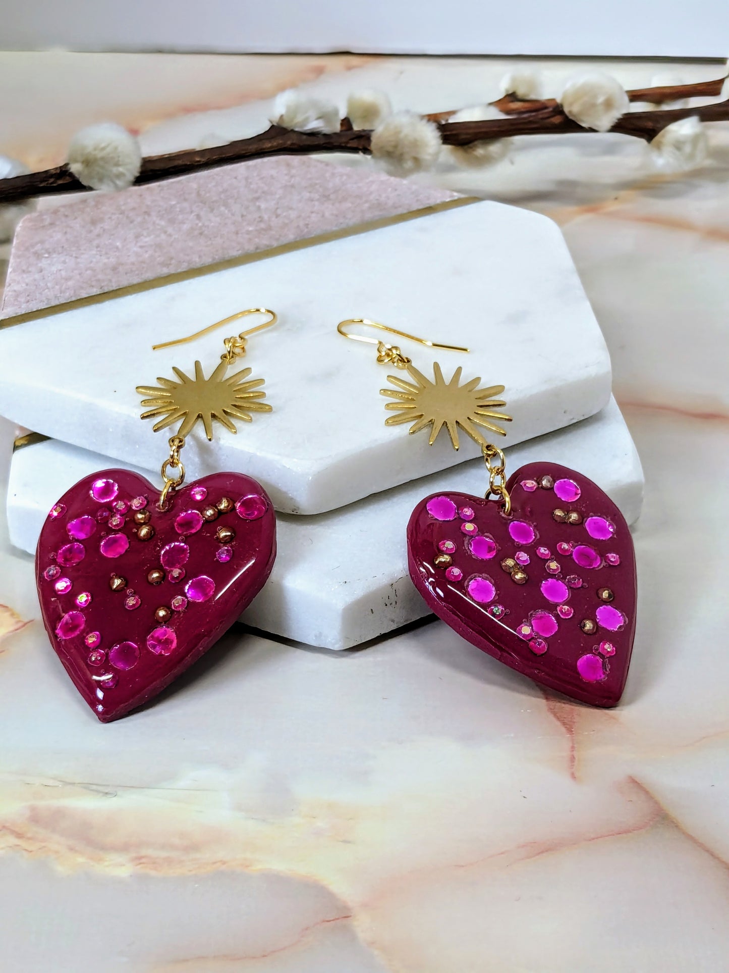 "Cordelia" Jewelled Polymer Clay Heart with Brass Sun Charm - Valentine's Collection