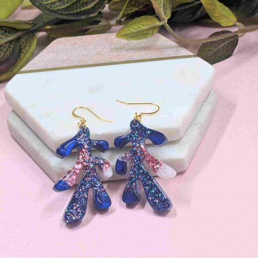 Dakota Blue Glitter Leaf Dangle Earrings - Handmade Organic Jewellery UK