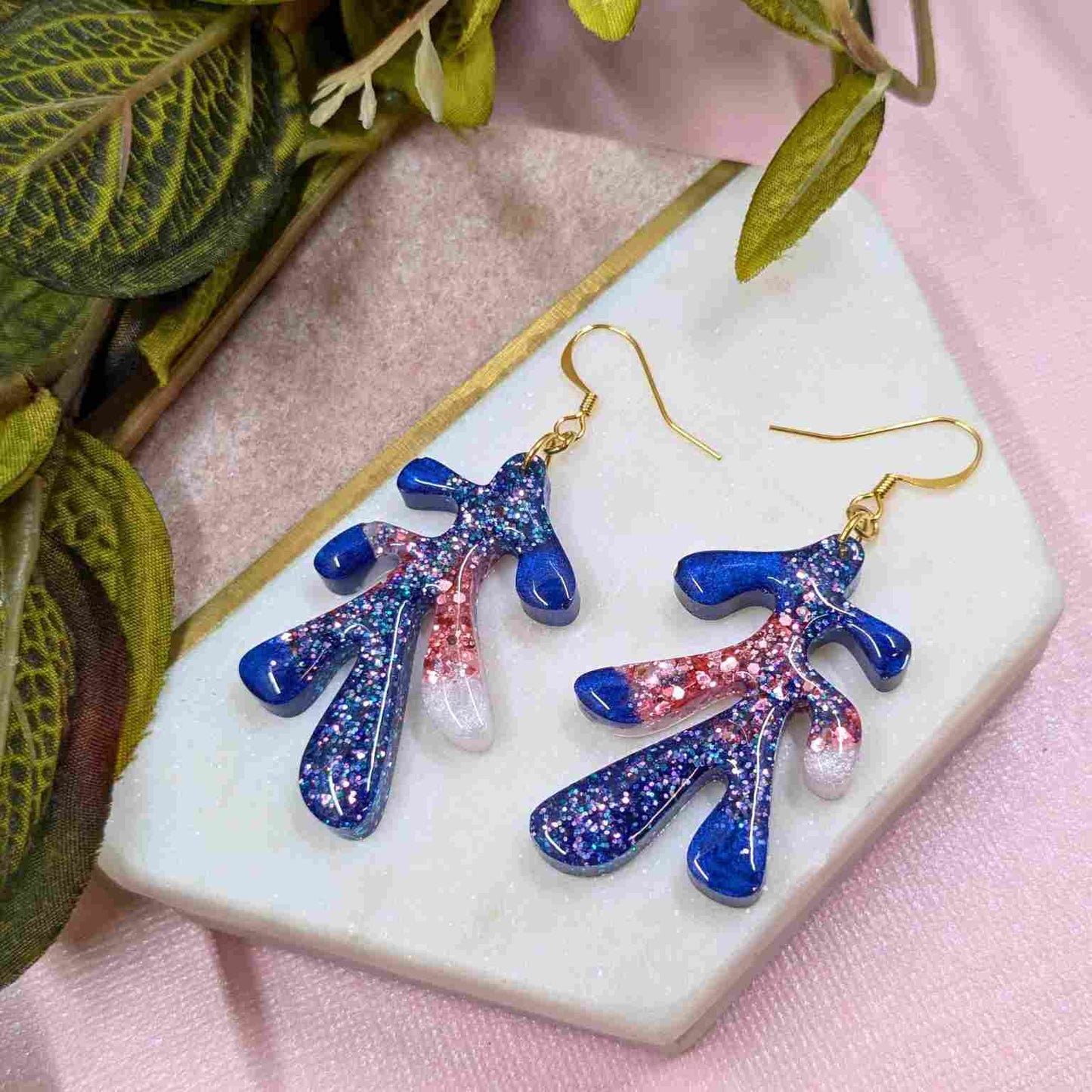 Dakota Blue Glitter Leaf Dangle Earrings - Handmade Organic Jewellery UK