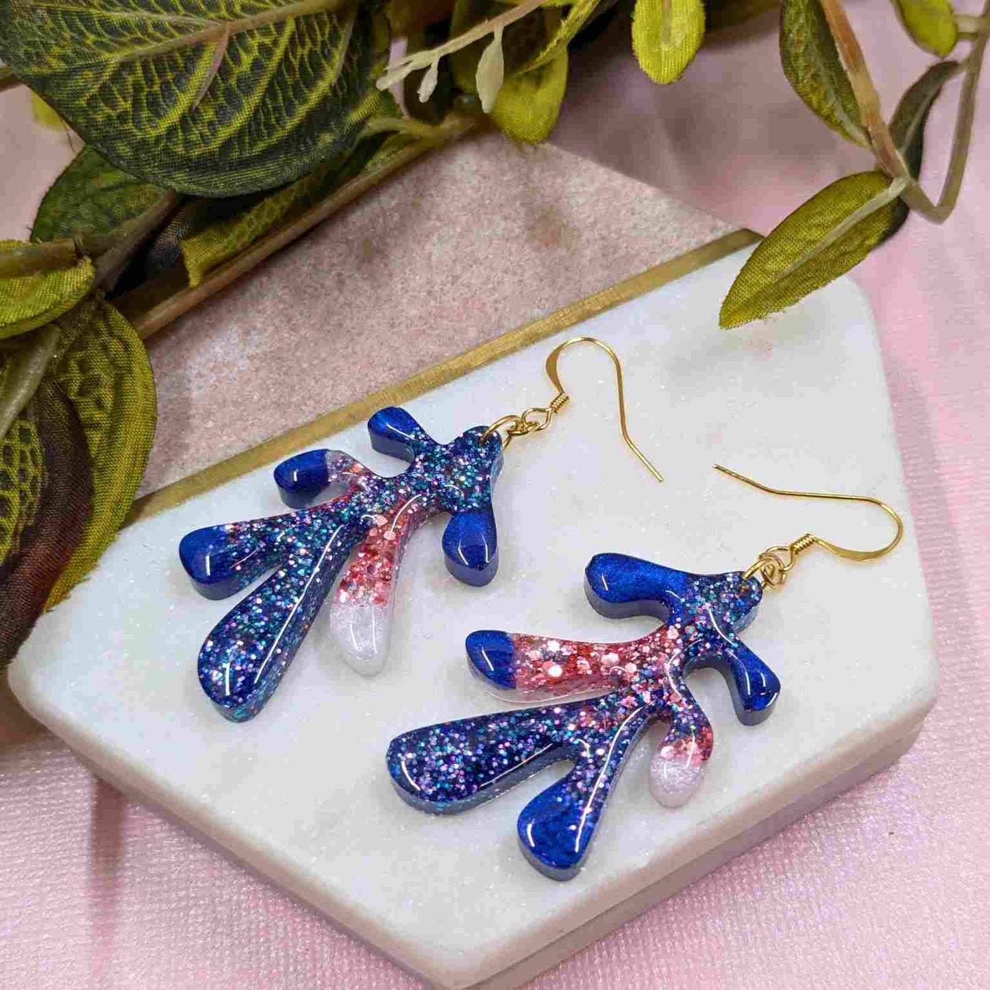Dakota Blue Glitter Leaf Dangle Earrings - Handmade Organic Jewellery UK