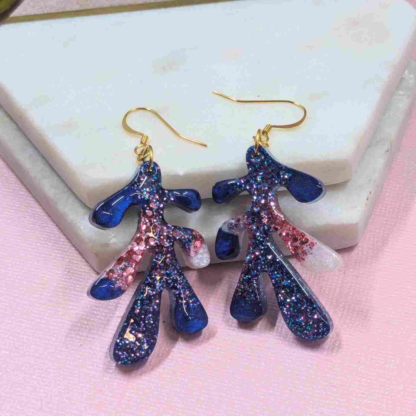 Dakota Blue Glitter Leaf Dangle Earrings - Handmade Organic Jewellery UK