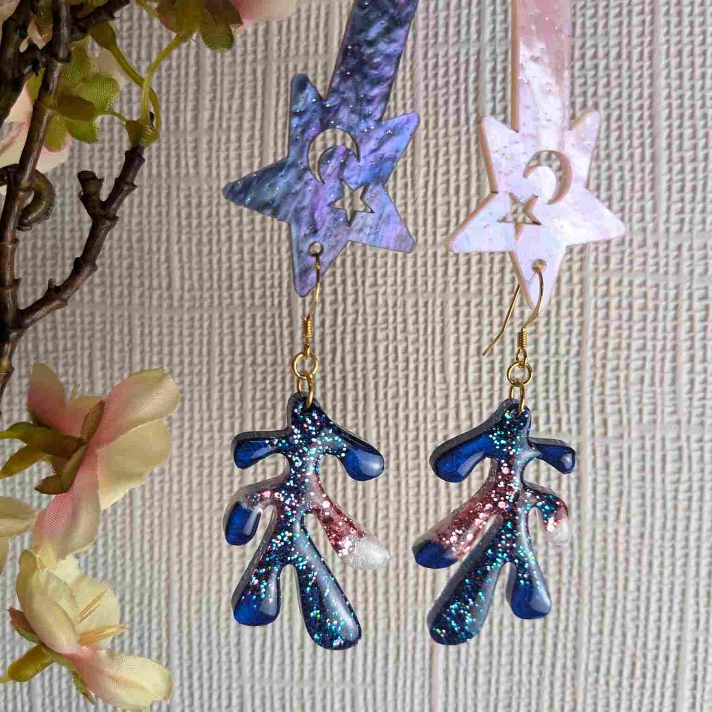 Dakota Blue Glitter Leaf Dangle Earrings - Handmade Organic Jewellery UK
