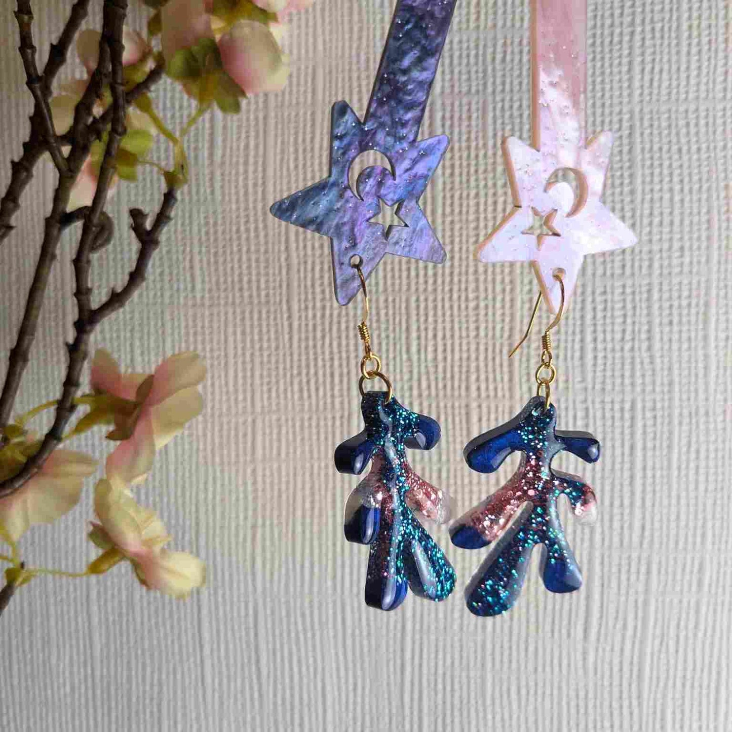 Dakota Blue Glitter Leaf Dangle Earrings - Handmade Organic Jewellery UK