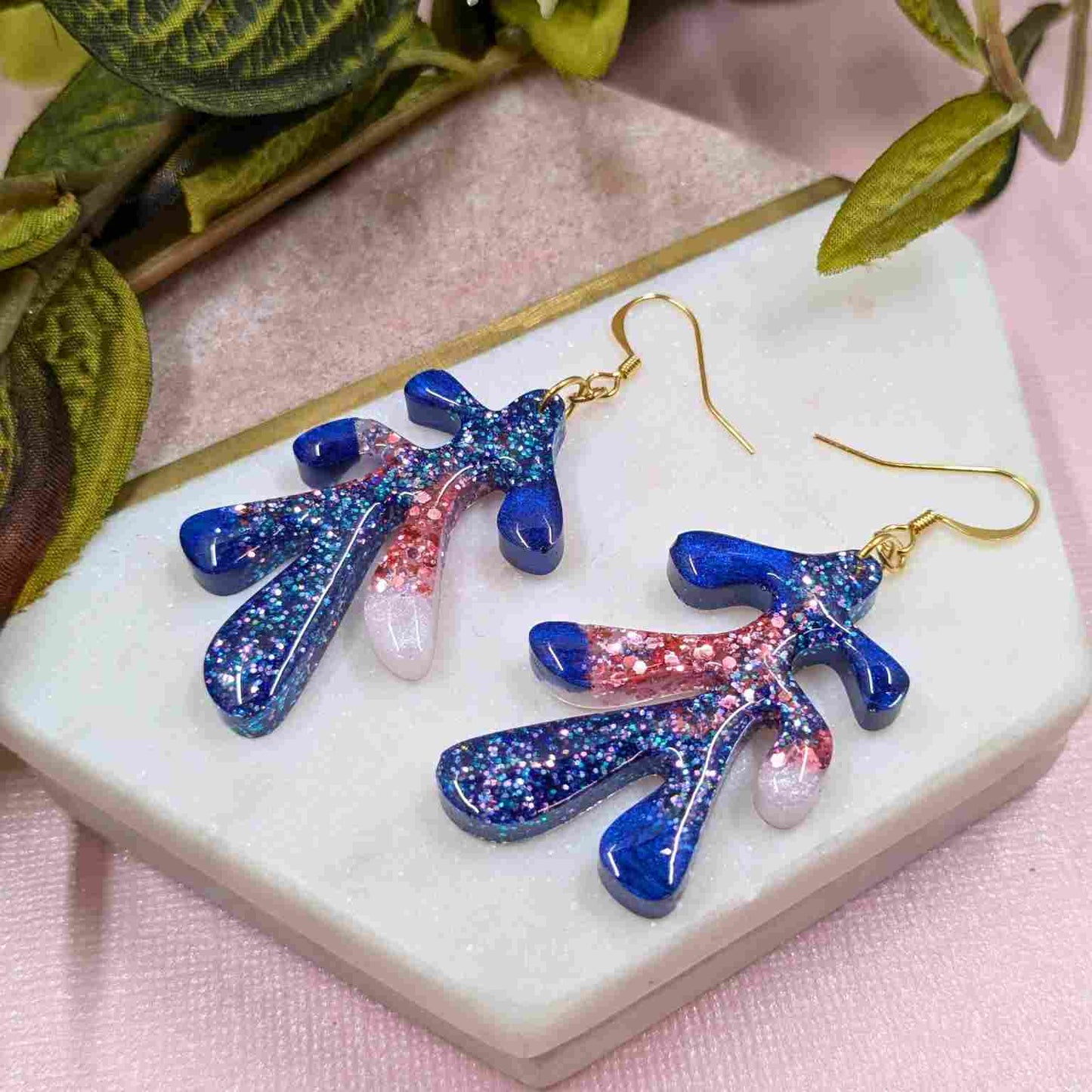 Dakota Blue Glitter Leaf Dangle Earrings - Handmade Organic Jewellery UK