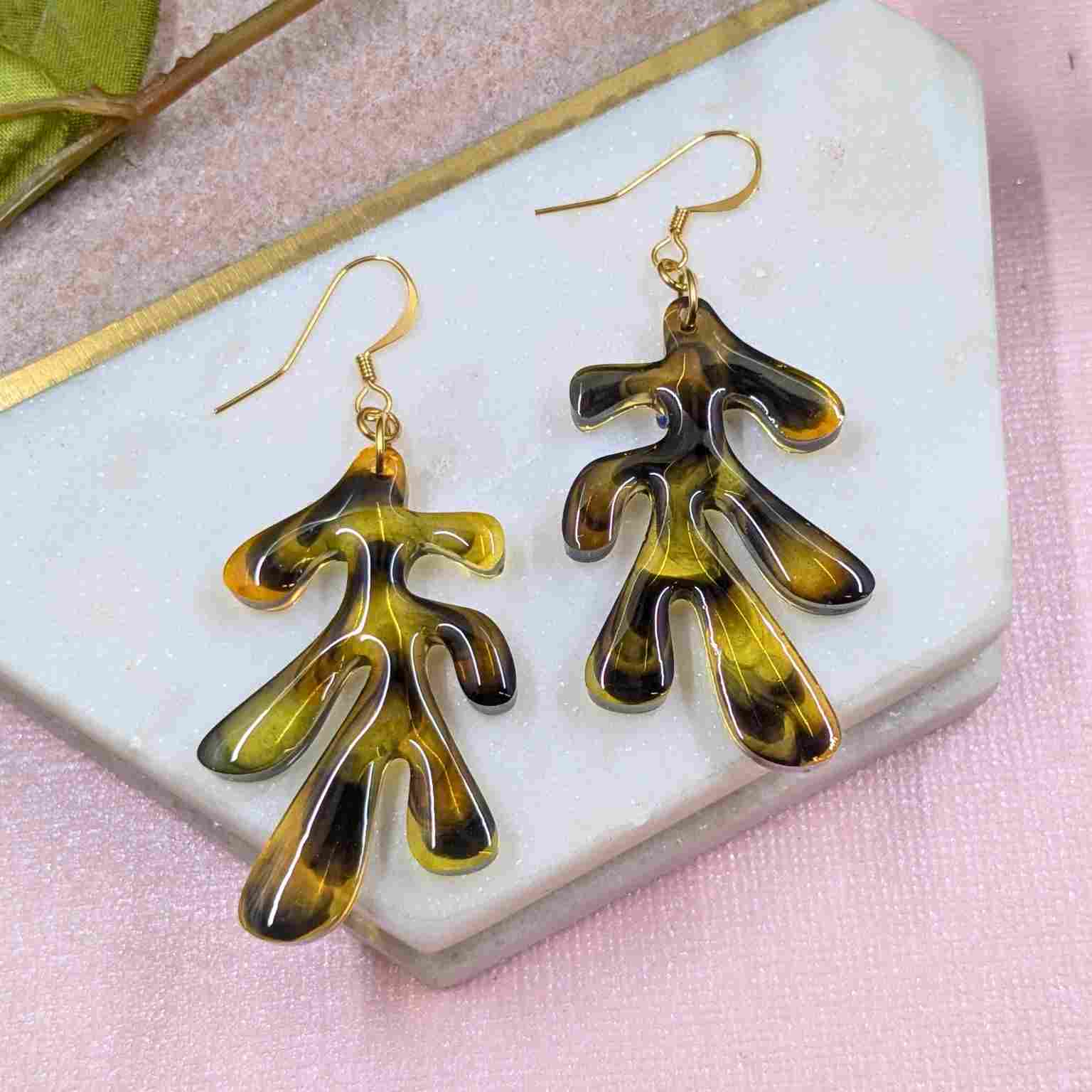 Pair of Dakota Tortoiseshell Resin Organic Leaf Earrings - Gold Plated Hooks