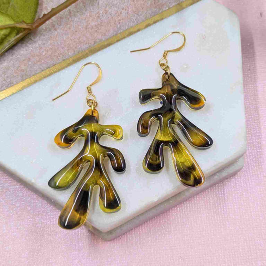 Pair of Dakota Tortoiseshell Resin Organic Leaf Earrings - Gold Plated Hooks