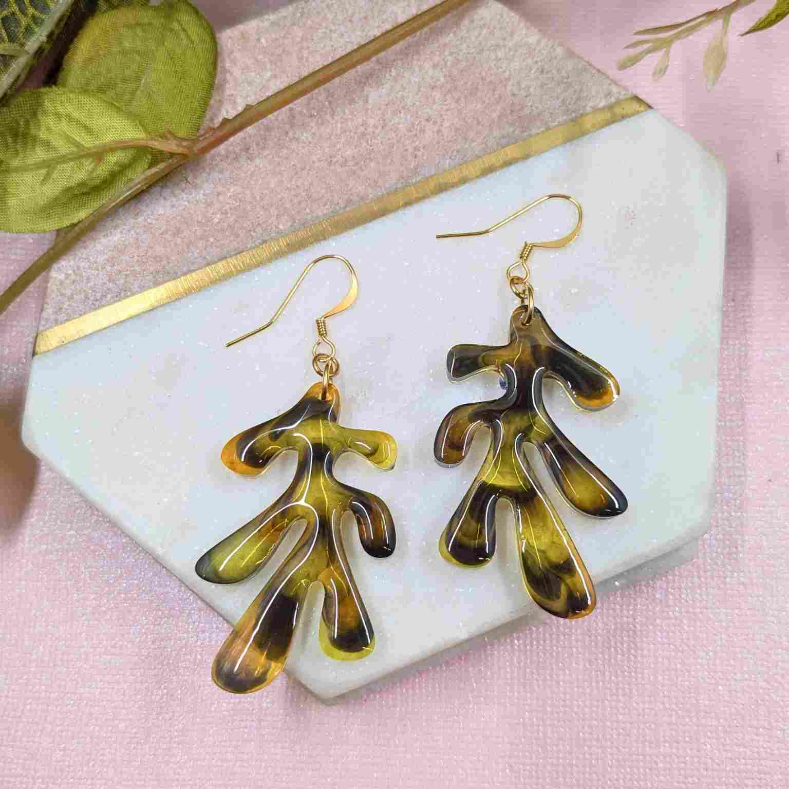 Pair of Dakota Tortoiseshell Resin Organic Leaf Earrings - Gold Plated Hooks