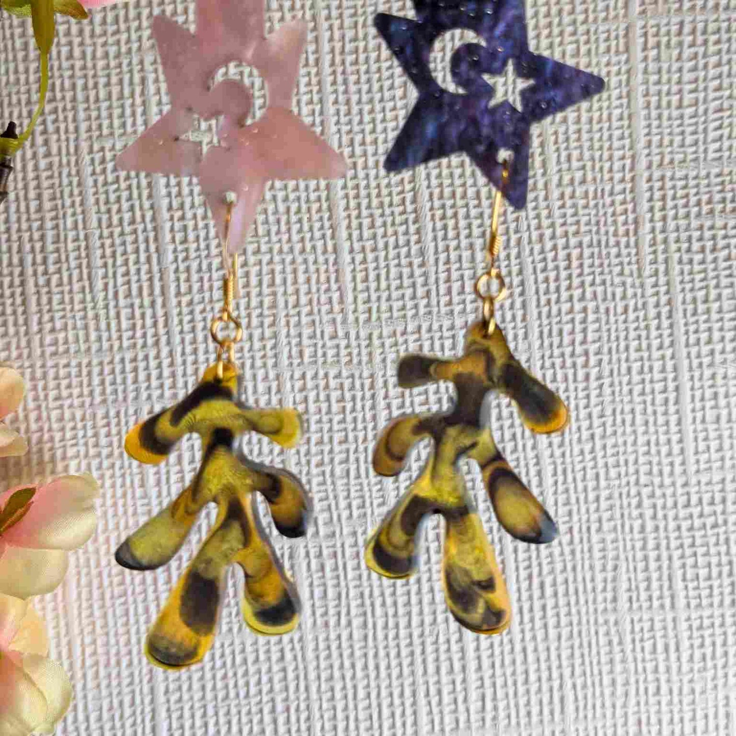 Pair of Dakota Tortoiseshell Resin Organic Leaf Earrings - Gold Plated Hooks
