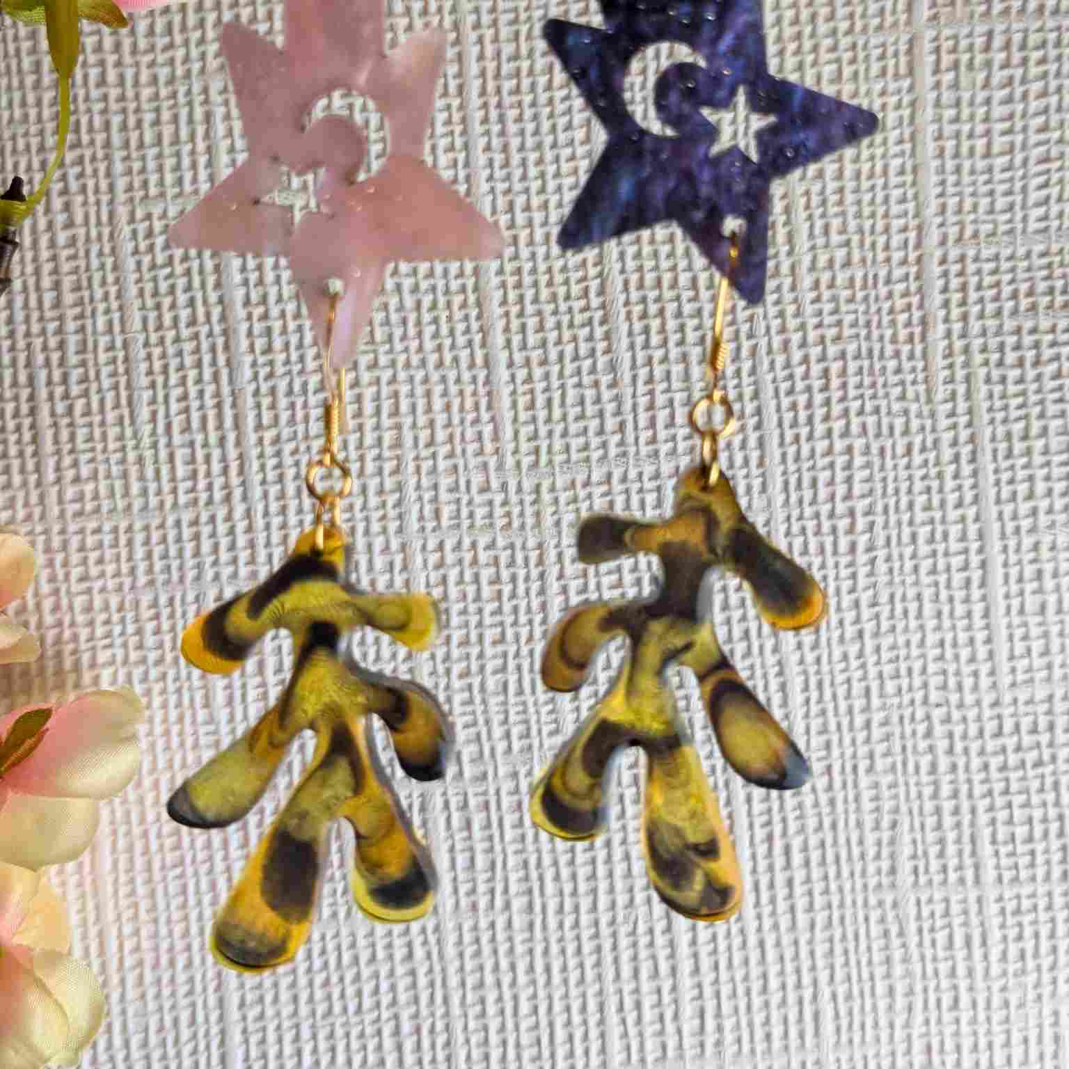 Pair of Dakota Tortoiseshell Resin Organic Leaf Earrings - Gold Plated Hooks