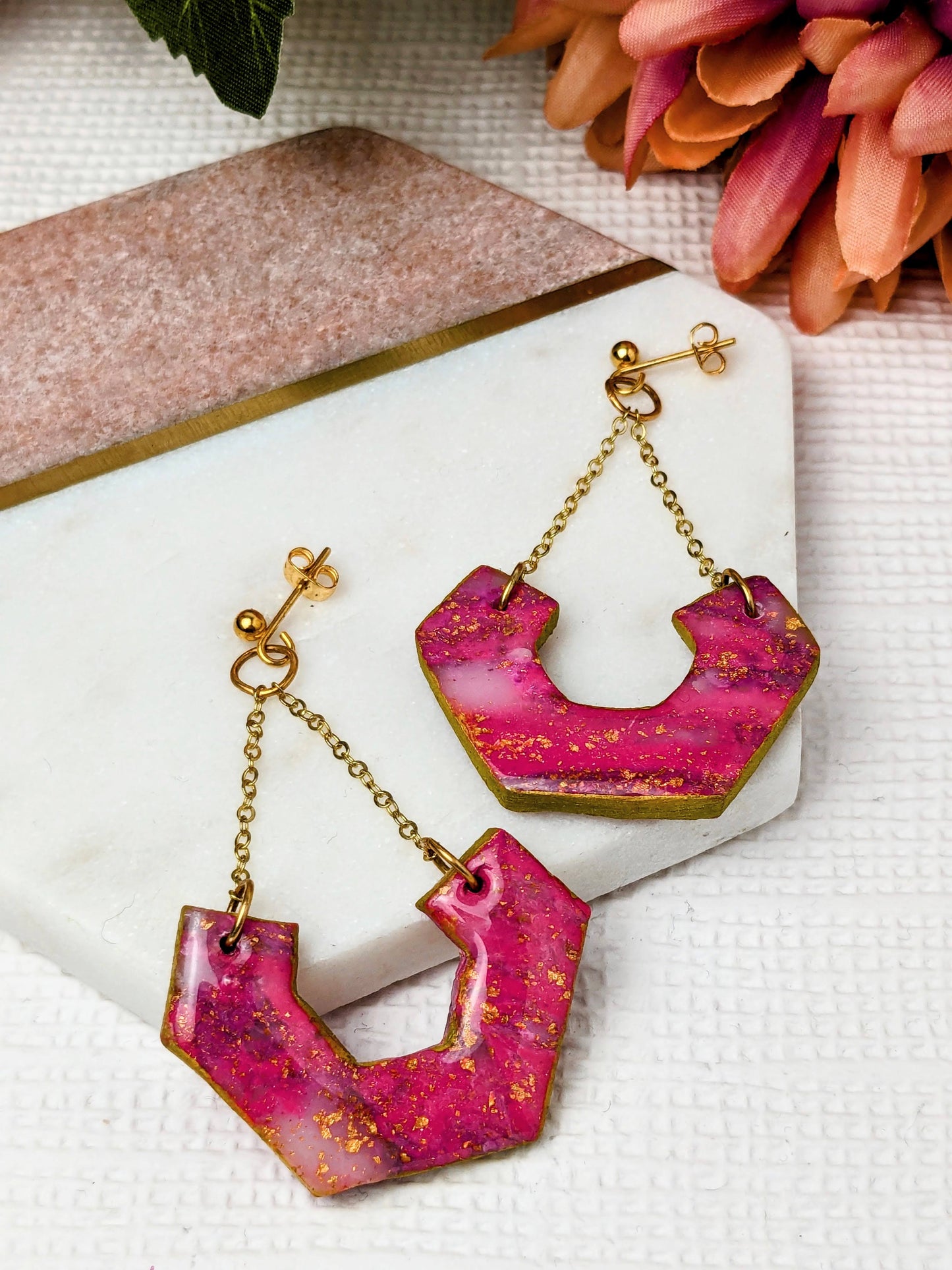 "Dana" Pink Marble Hex Cut Out Polymer Clay Dangle Earrings