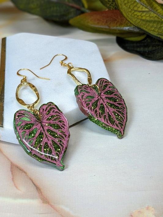 "Daphne" Green Glitter & Pink Leaf with wavy connector Dangle Earrings