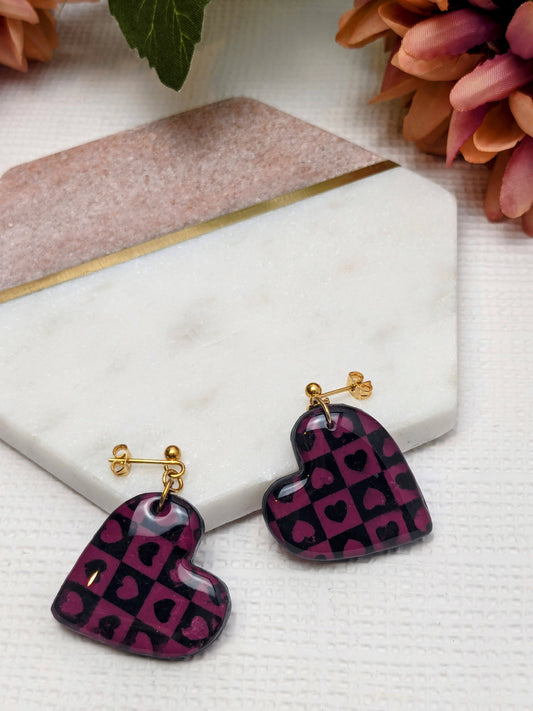 "Eliza" Checkmate Heart Dangle Earrings Gold Plated