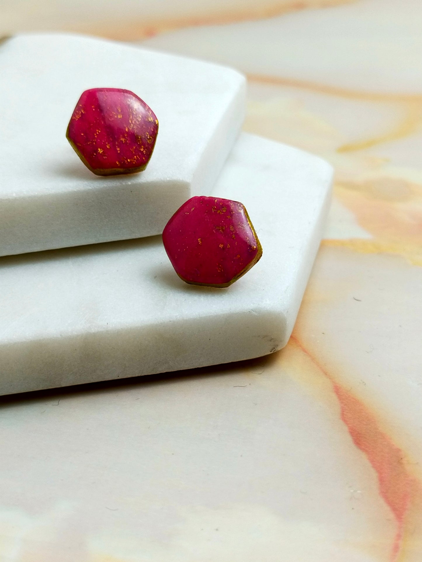 "Ellie" Pink Marbled Small Hex Studs