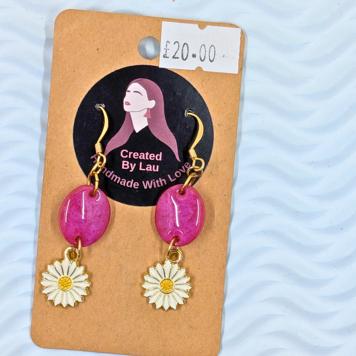 Emmy Pink Oval Resin earrings with Daisy Charm