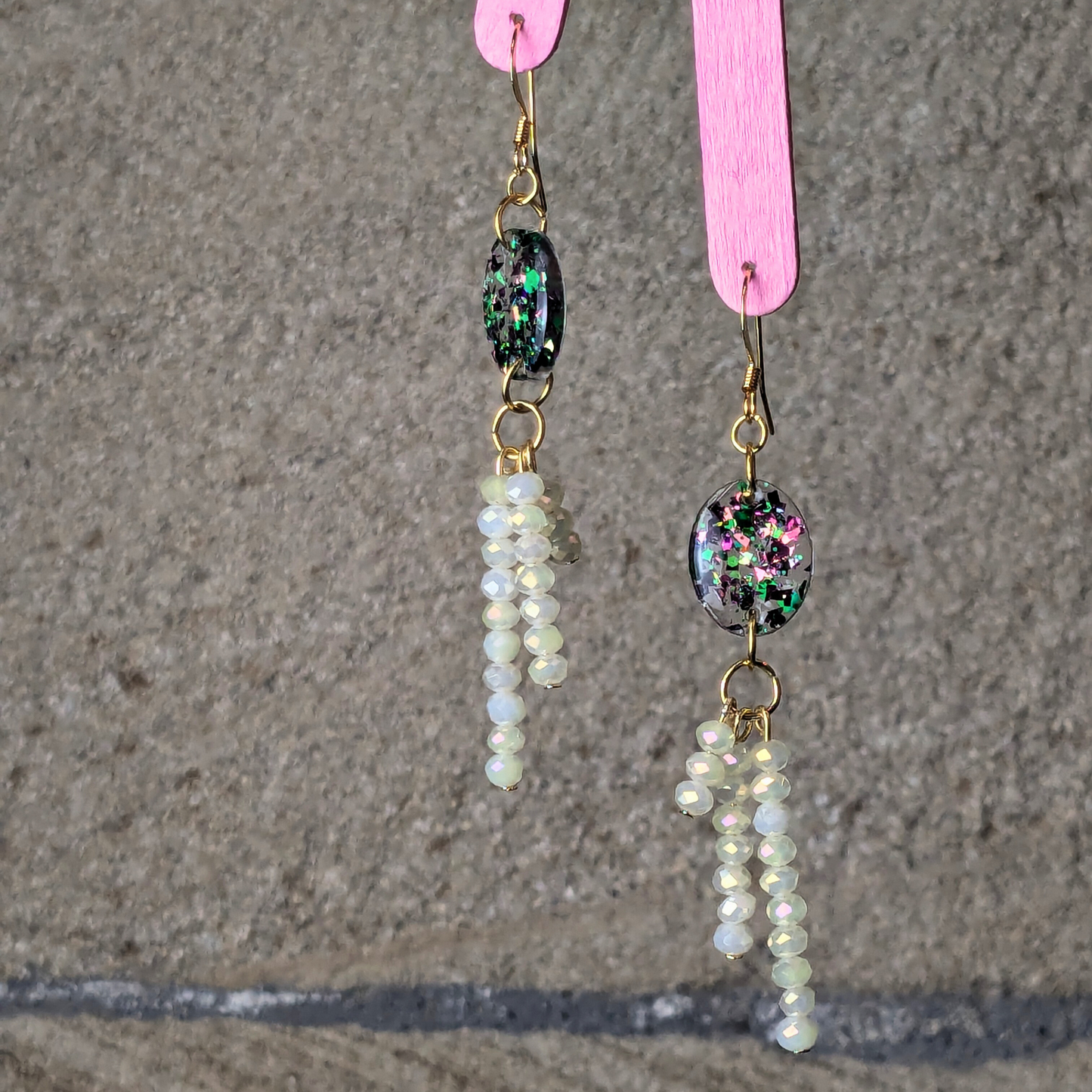 "Fable" Red Green Glitter Oval Resin Earrings with Recycled Golden Beaded Charm