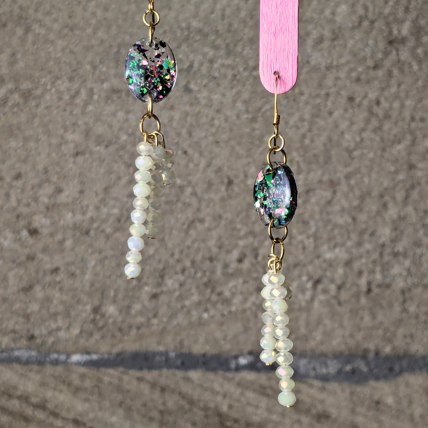 "Fable" Red Green Glitter Oval Resin Earrings with Recycled Golden Beaded Charm