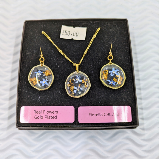 "Fiorella" Forget Me Nots and Gold Leaf Resin Bezel Dangles & Necklace Set