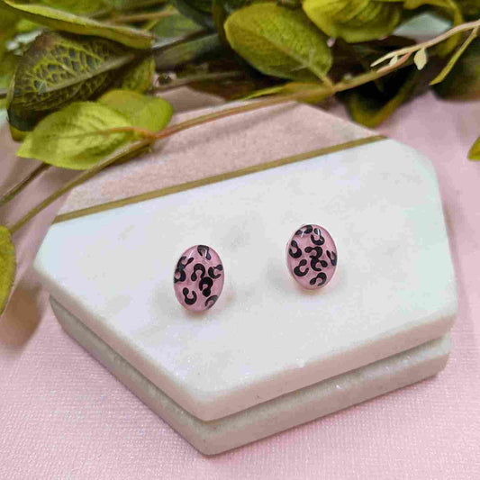 Georgina Animal Print Glitter Pink Oval Stud Earrings - Handmade UK