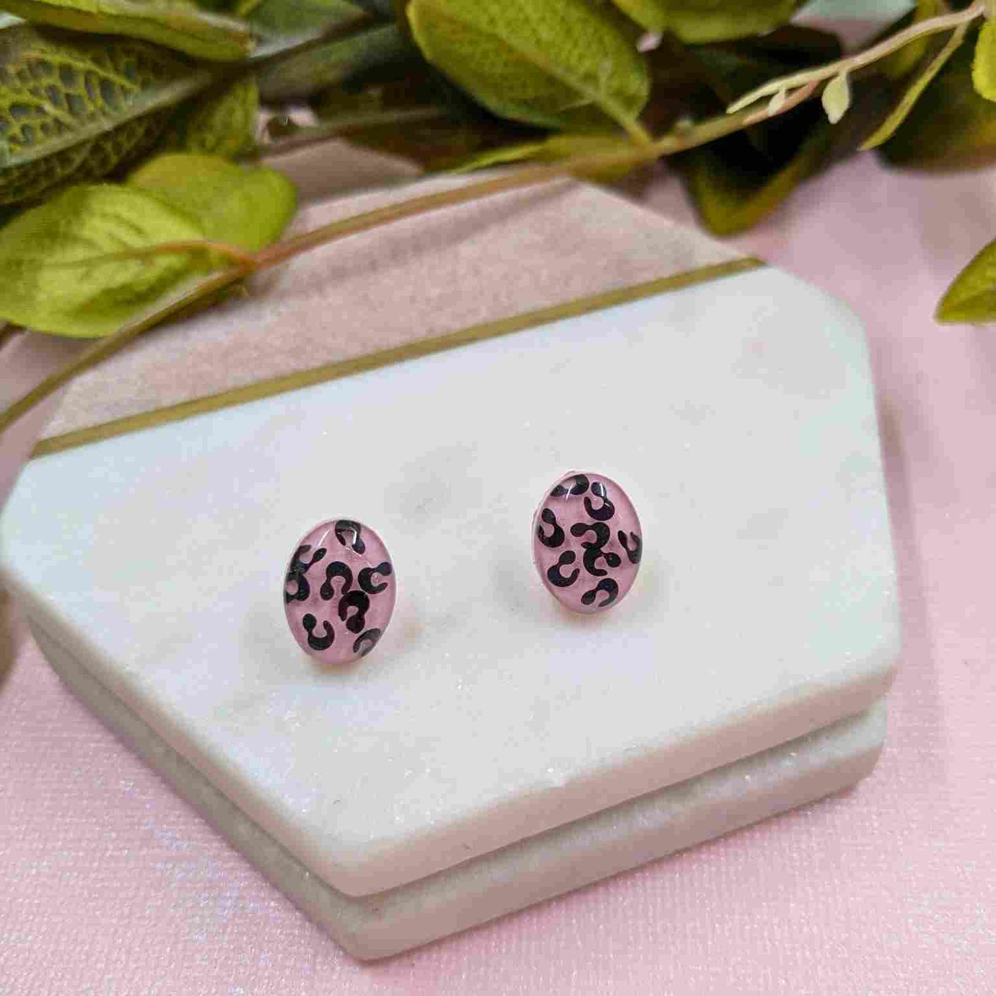 Georgina Animal Print Glitter Pink Oval Stud Earrings - Handmade UK