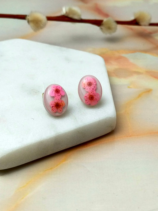 "Georgina" Real Pink Flower Oval Stud Earrings
