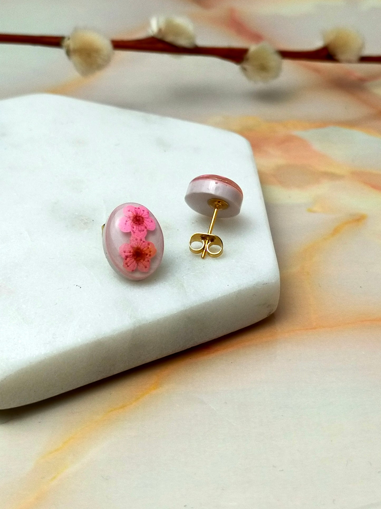 "Georgina" Real Pink Flower Oval Stud Earrings
