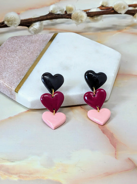"Hart" Multi Black, Red & Pink Heart Polymer Clay Dangle Earrings
