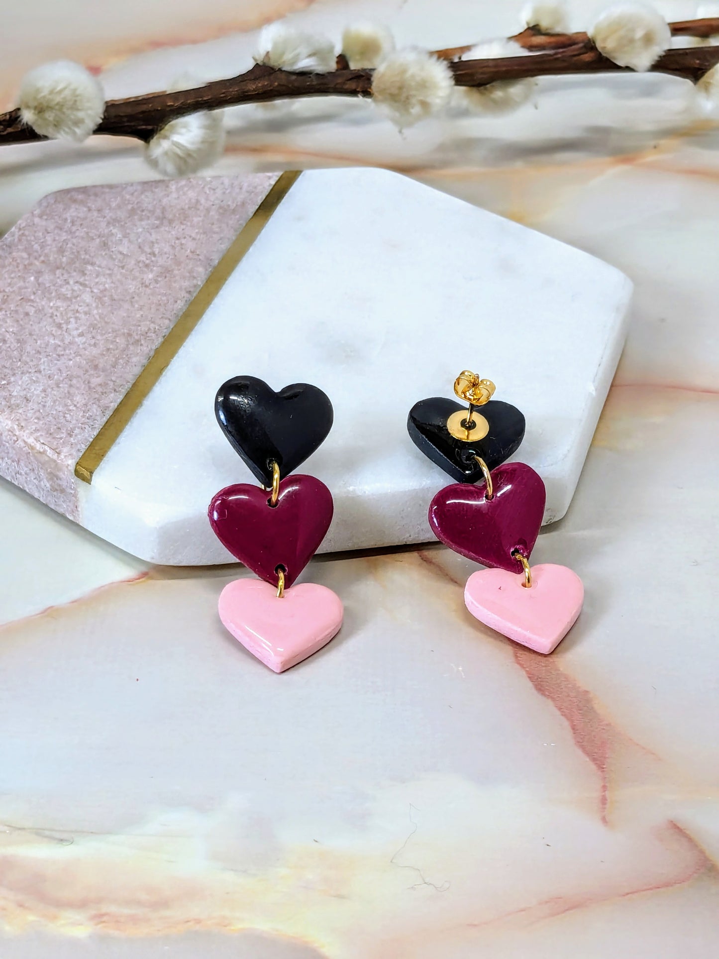 "Hart" Multi Black, Red & Pink Heart Polymer Clay Dangle Earrings