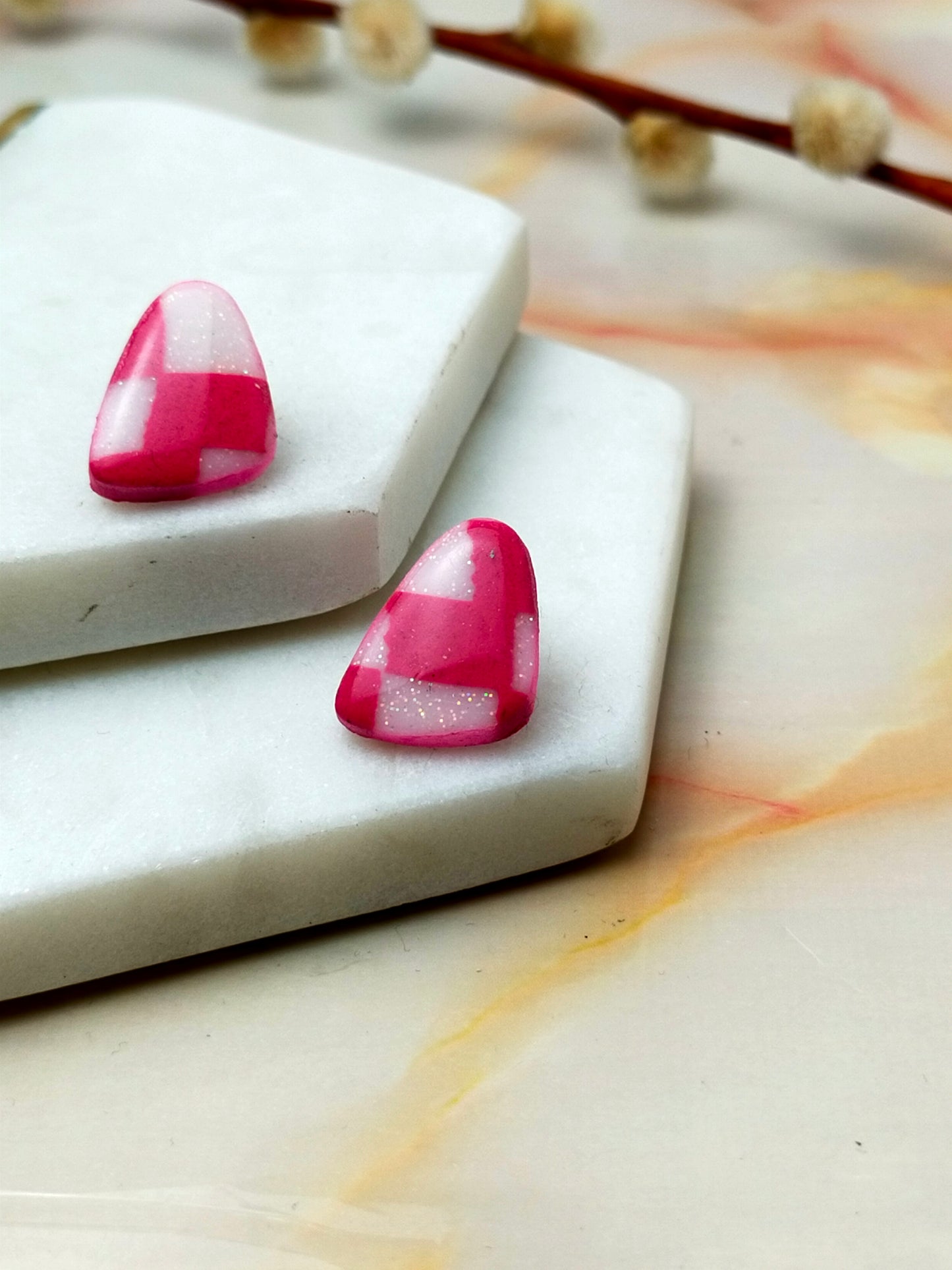 "Helena" Pink & White Checkerboard Abstract Stud Earrings