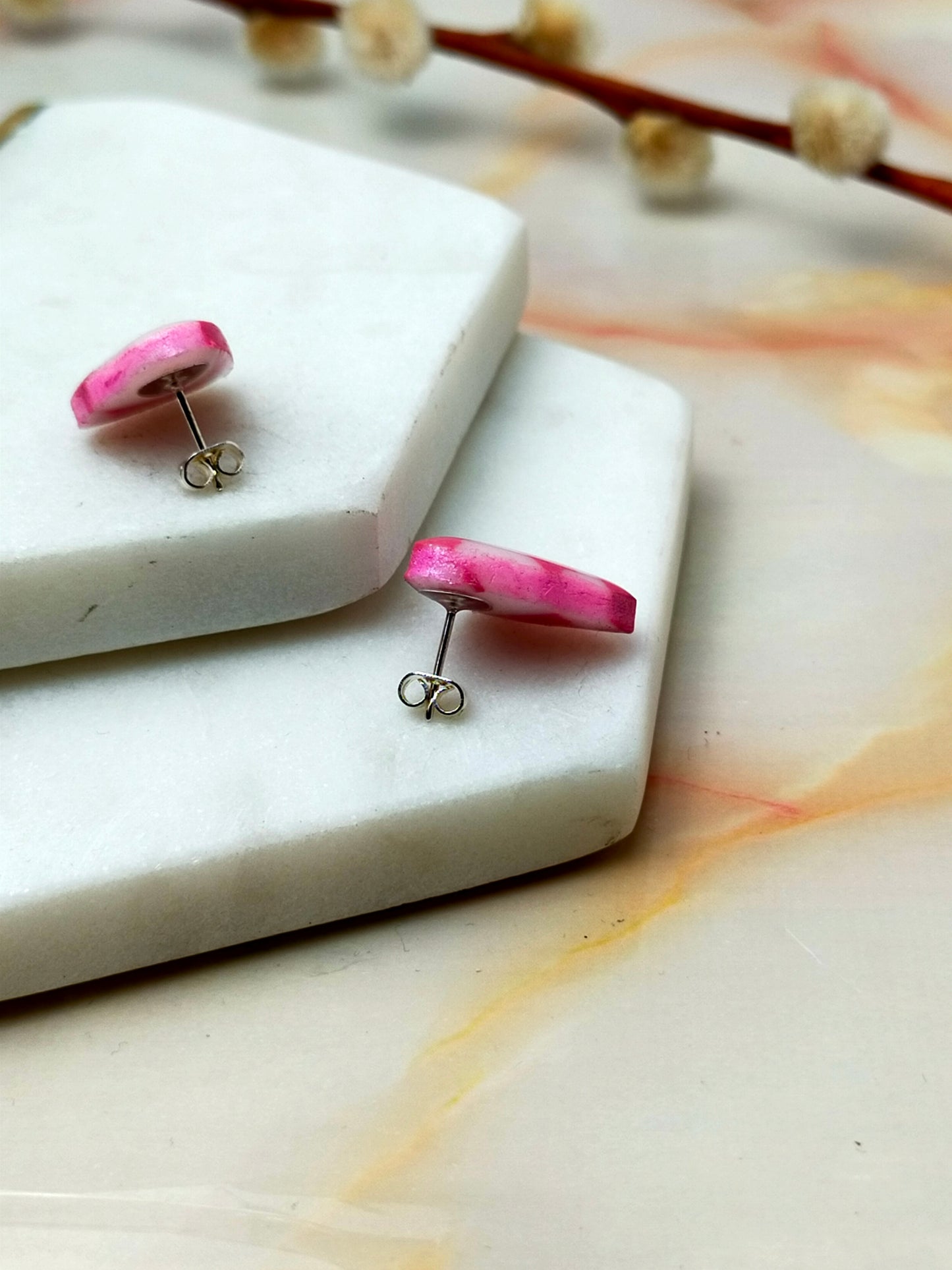 "Helena" Pink & White Checkerboard Abstract Stud Earrings