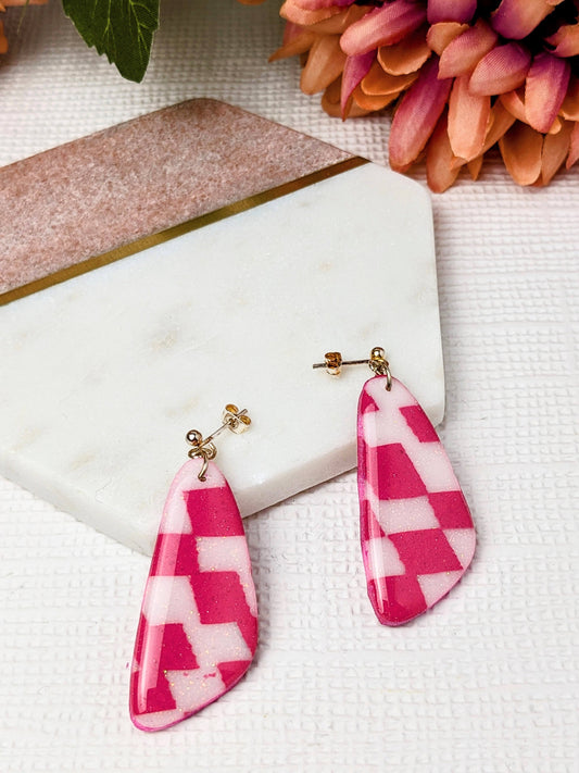 "Isabella" Pink & White Checkerboard Dangle Earrings - Valentine's Collection