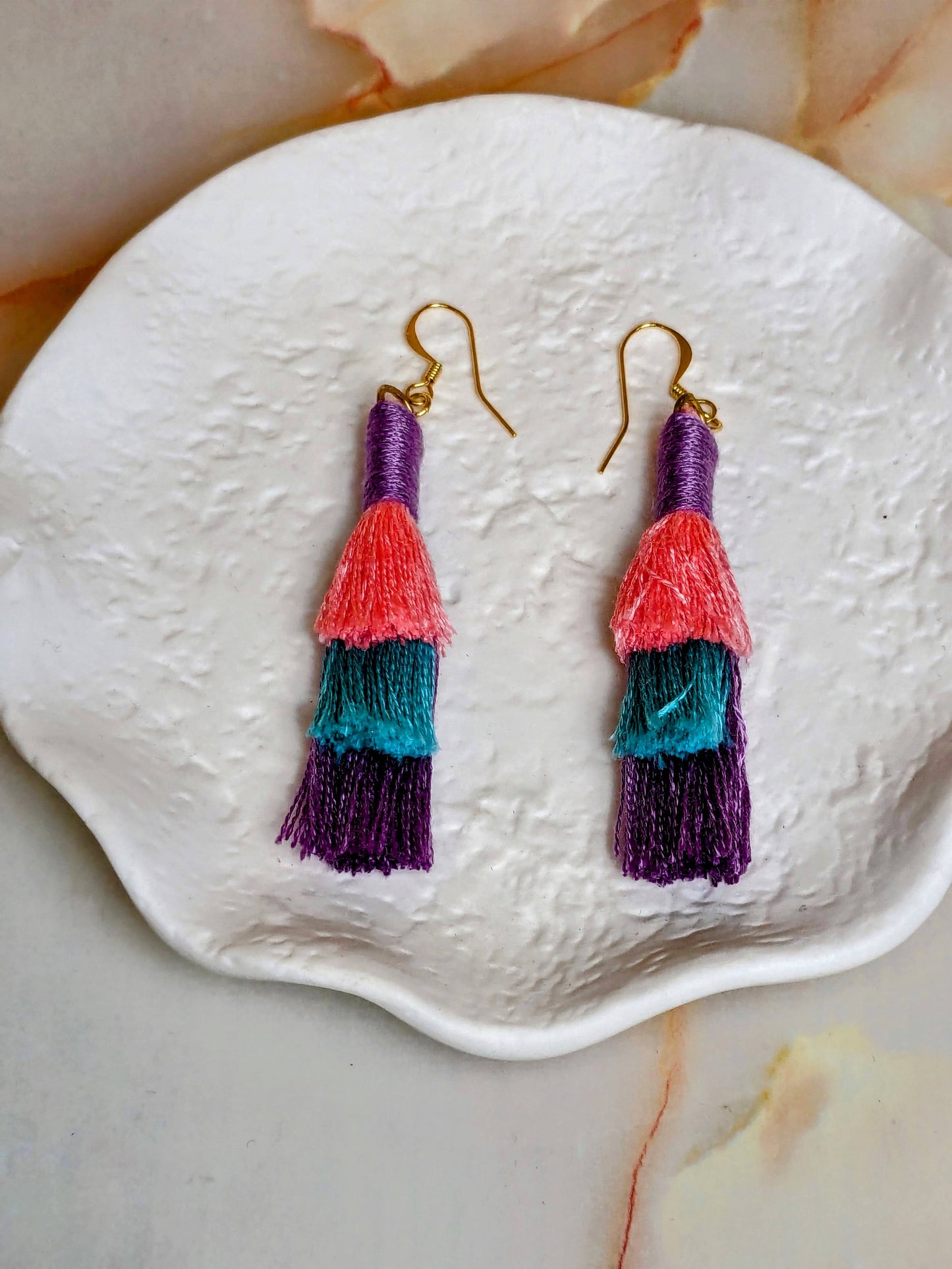 "Jade" Pink, Aqua & Purple 3 Colour Tiered Tassel Earrings Gold Plated