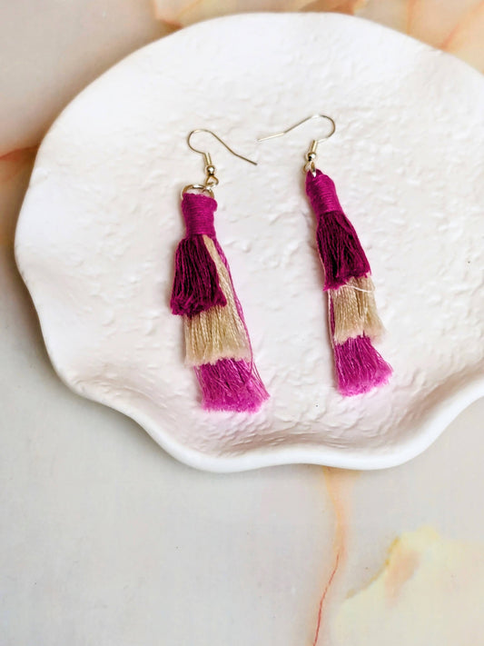 "Jade" Pink, Beige & Fuchsia 3 Colour Tiered Tassel Earrings Silver Plated