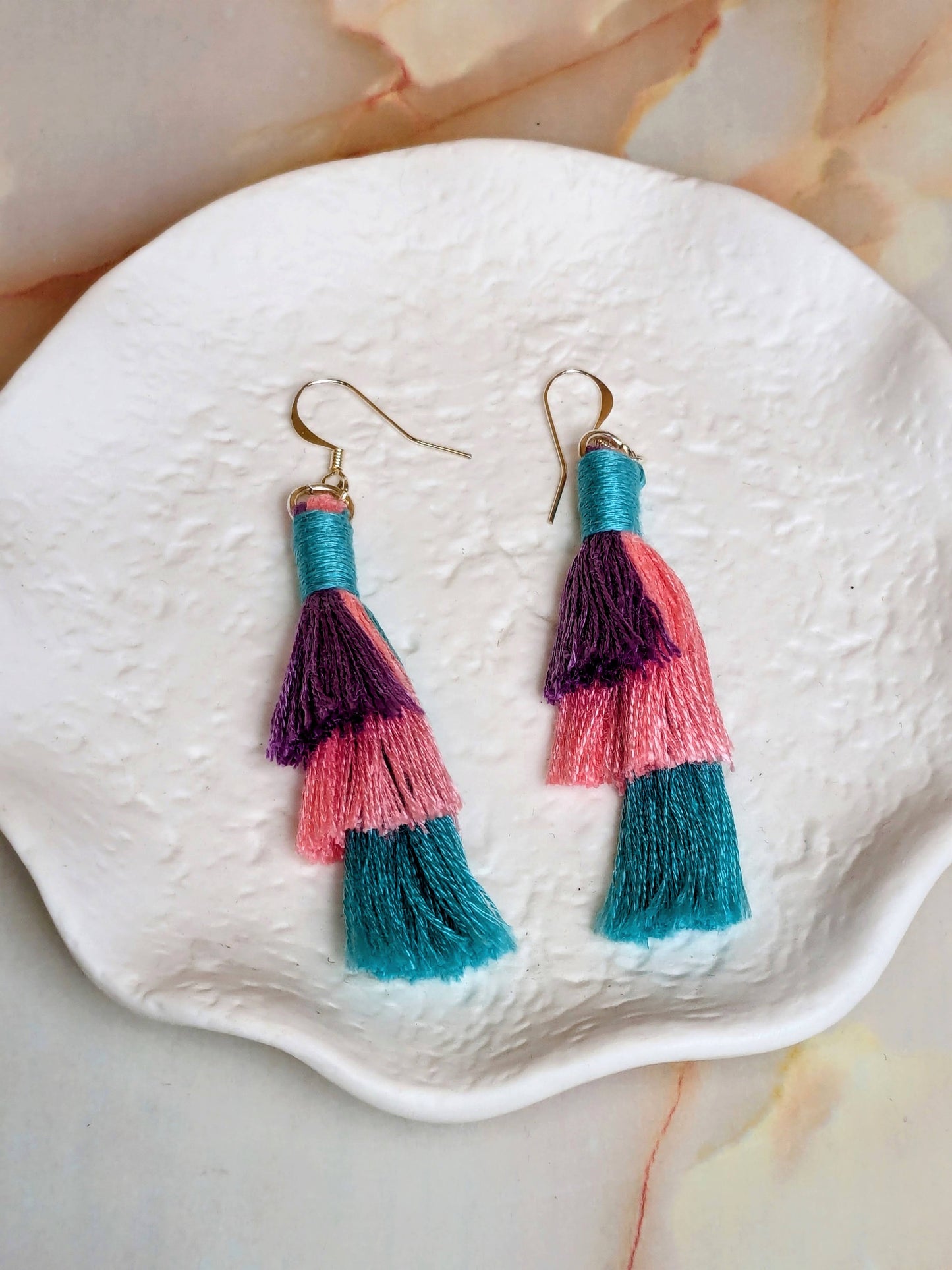 "Jade" Purple, Pink & Turquoise  3 Colour Tiered Tassel Earrings Gold Plated