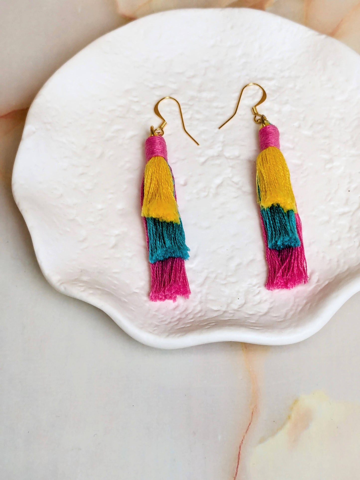 "Jade" Yellow, Aqua & Pink 3 Colour Tiered Tassel Earrings Gold Plated