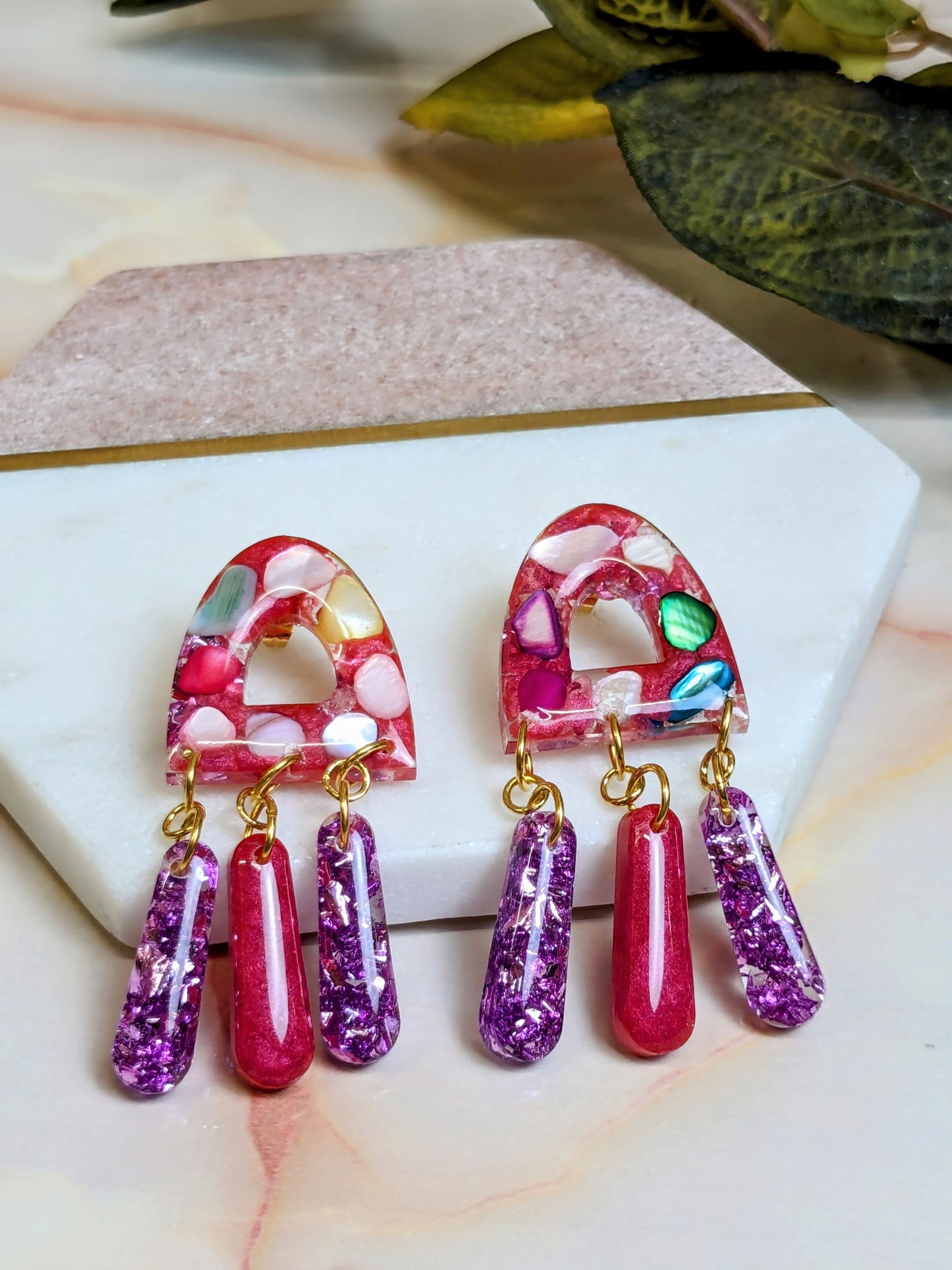 "Jagger" Real Stones and Pink Foil Resin Dangle Earrings