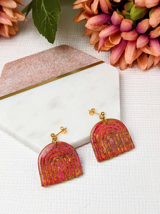 "Jayla" Pink Marble Detailed Arch Polymer Clay Dangle Earrings