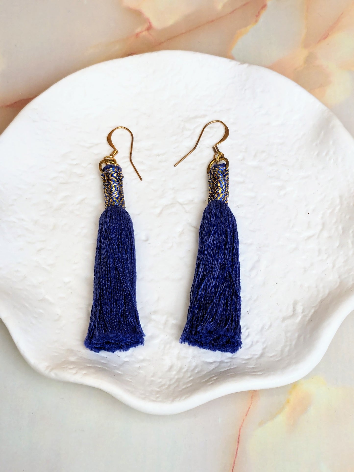 "Kaylee" Denim Blue Tassel Earrings with Metallic Wrap